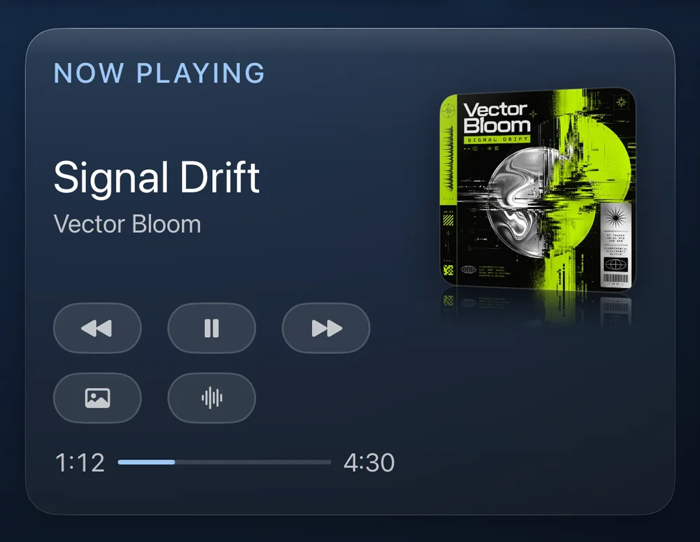 The Now Playing card on a Glass dashboard: the cover for Signal Drift by Vector Bloom, round buttons for previous, pause and next, and beneath them buttons for Album Art and Visualizer, above a progress bar at 1:12 of 4:30.