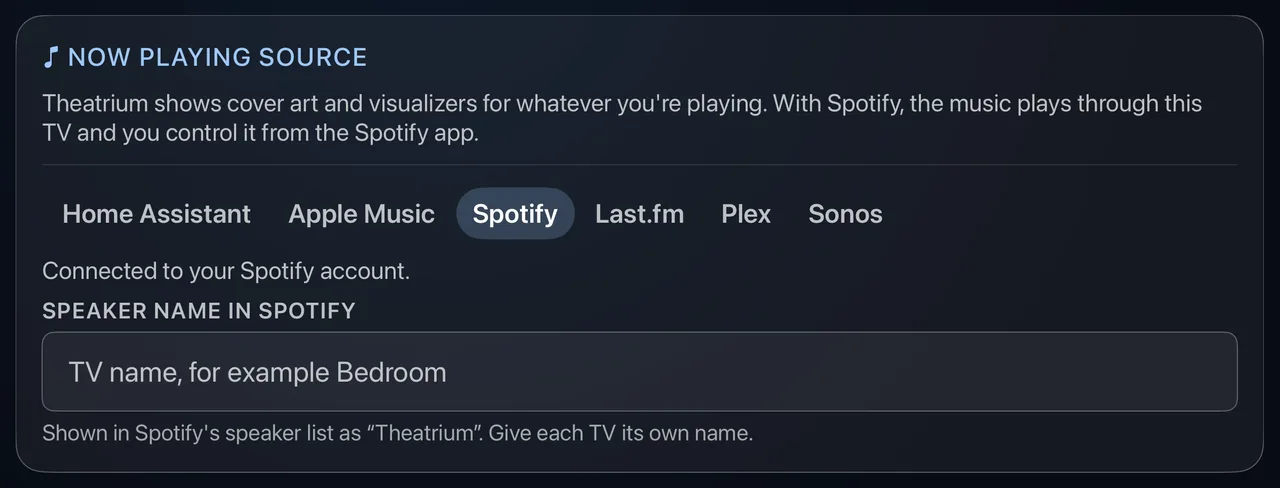 The Now Playing Source card with Spotify selected. The line beneath now reads Connected to your Spotify account, and the How to connect button is gone.
