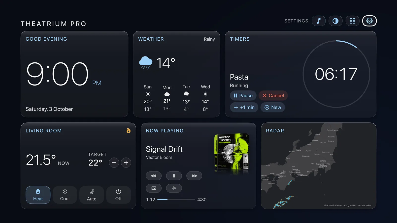 A Theatrium dashboard in the Glass theme with a Timers card at top right: a ring around 06:17 counting down, the name Pasta marked Running, and Pause, Cancel, +1 min and New buttons.