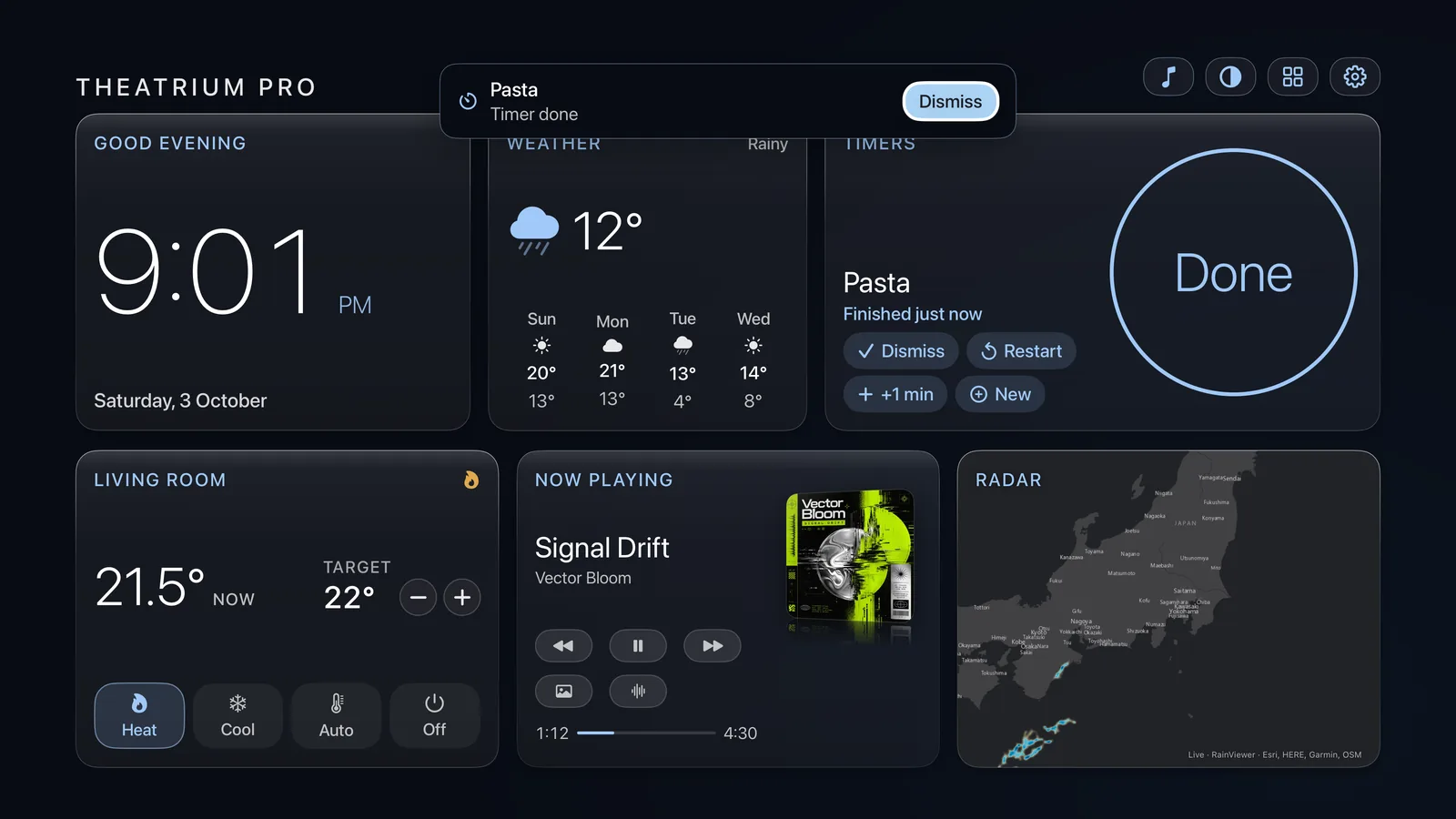 A Theatrium dashboard with a banner across the top reading Pasta, Timer done, with a Dismiss button, above a Timers card showing Done and Finished just now.