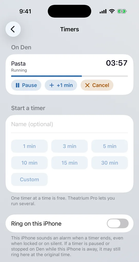 The Timers screen in the Theatrium iPhone app: timers on the TV with their time left and buttons, a Start a timer section with length buttons, and the Ring on this iPhone switch.