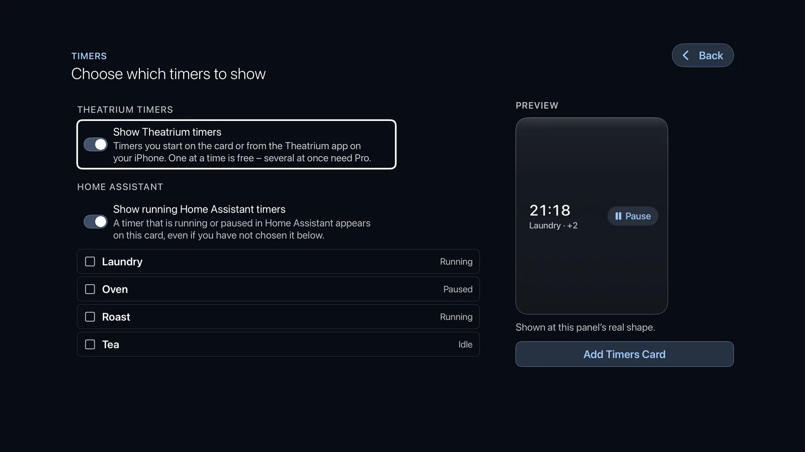 The Timers setup screen on the TV: a Show Theatrium timers switch, a Show running Home Assistant timers switch, a list of three Home Assistant timers marked Running, Paused and Idle, and a preview of the card.