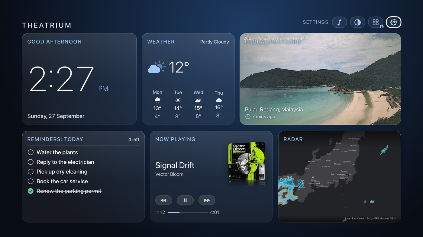 A Theatrium dashboard in the Glass theme with a Reminders: Today card showing five checklist items, one ticked off and struck through.