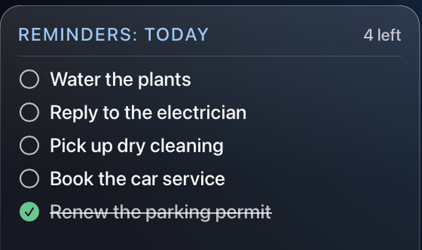 Close-up of the Reminders: Today card: Water the plants, Reply to the electrician, Pick up dry cleaning and Book the car service open, with Renew the parking permit ticked and struck through.