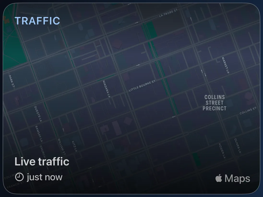 Live traffic: the roads around one place, colored by how they are moving.