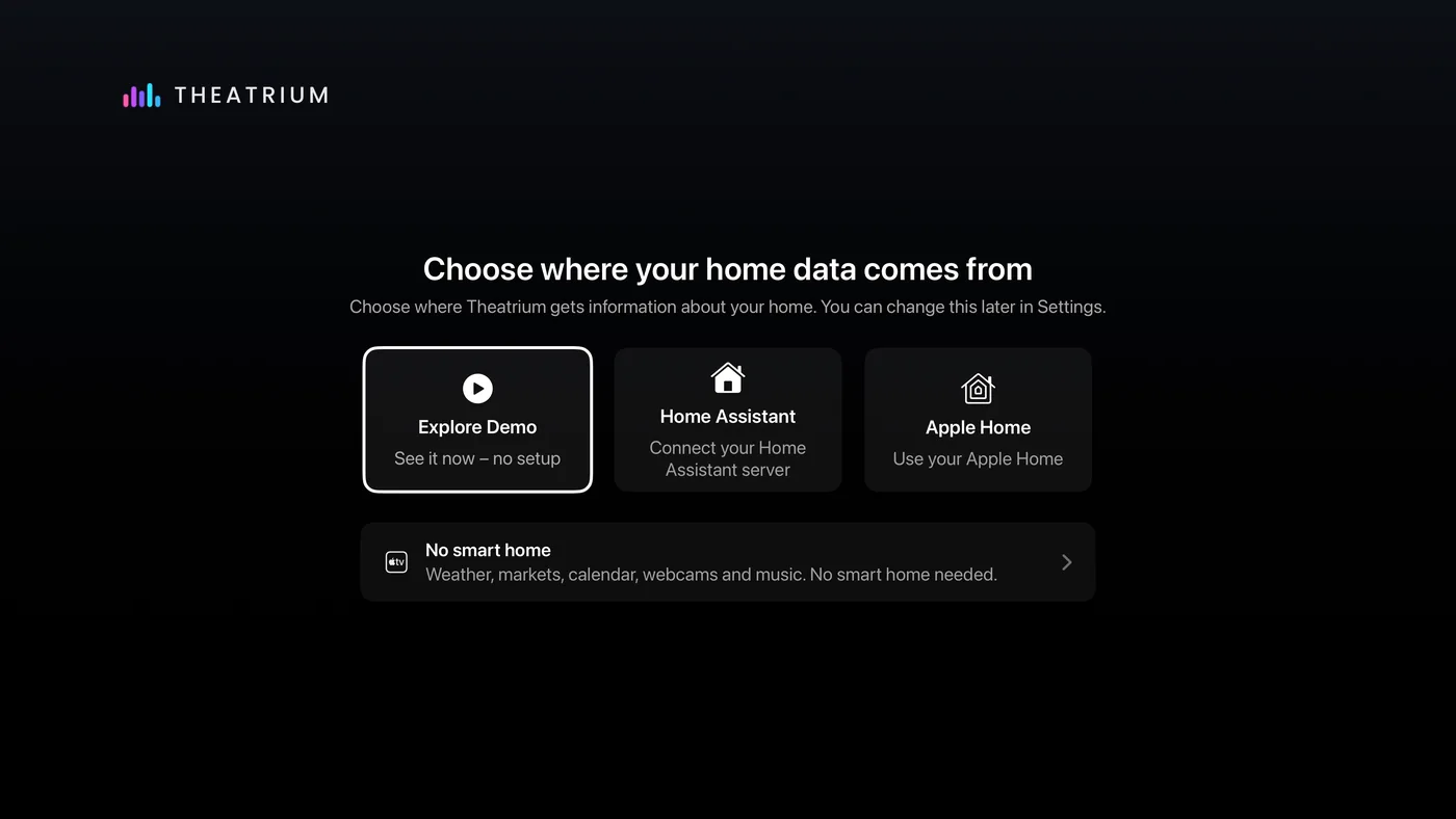 The four choices: Explore Demo, Home Assistant, Apple Home, No smart home.