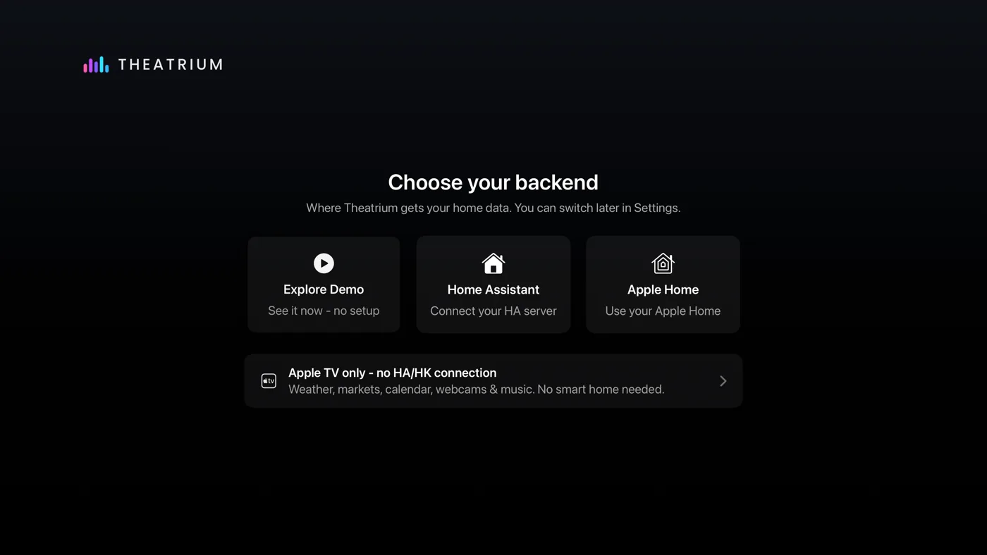 The four choices: Explore Demo, Home Assistant, Apple Home, Apple TV only.