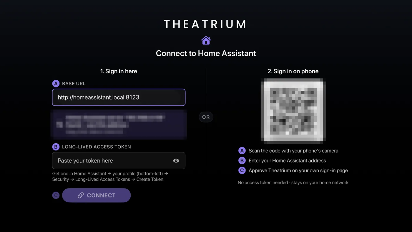 The Connect to Home Assistant screen. The left side is for typing on the TV; the right side lets you finish on your phone instead.