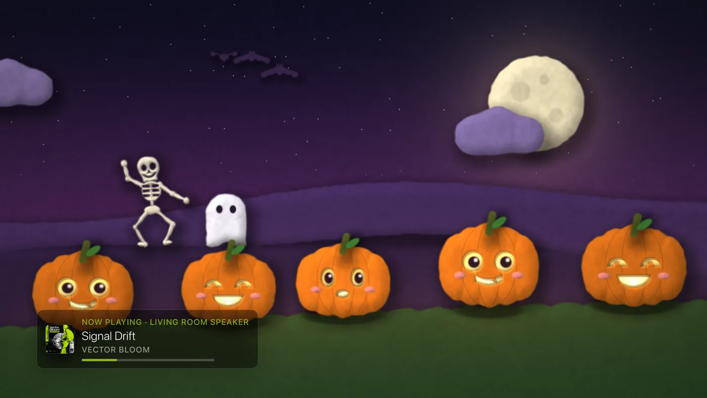 Pumpkin Patch. Free in October, Pro the rest of the year. Paper pumpkins hop to the beat on a cut-paper hill, with a dancing skeleton, bats and a friendly ghost.