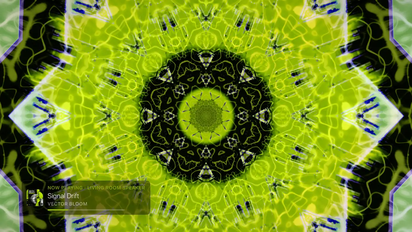 Mandala Zoom. Pro. Your album cover mirrored into a mandala that opens slowly and endlessly.
