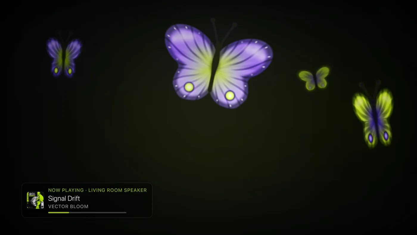 Butterfly. Pro. A flight of butterflies at different depths, in the colors of your album, their wings beating with the music.