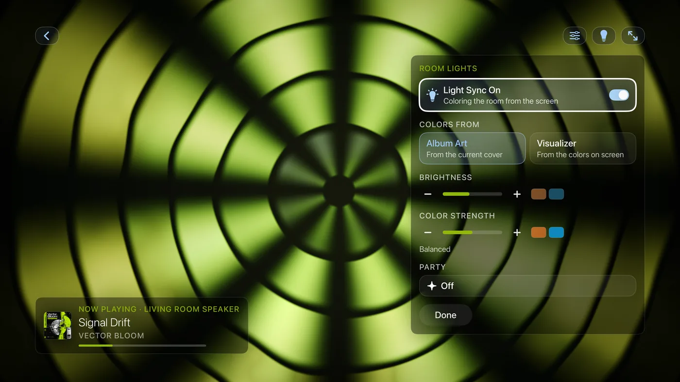The Room Lights panel over a visualizer: a Light Sync On switch, Colors From with Album Art and Visualizer, Brightness, Color Strength, Party set to Off, and a Done button.