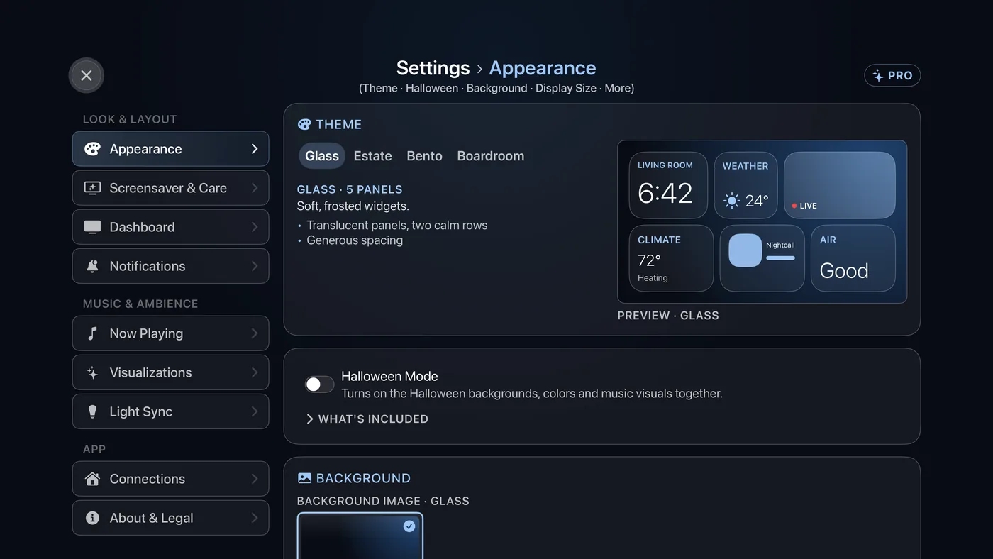 Settings › Appearance. The Theme card, the Halloween Mode card and the start of the Background picker.