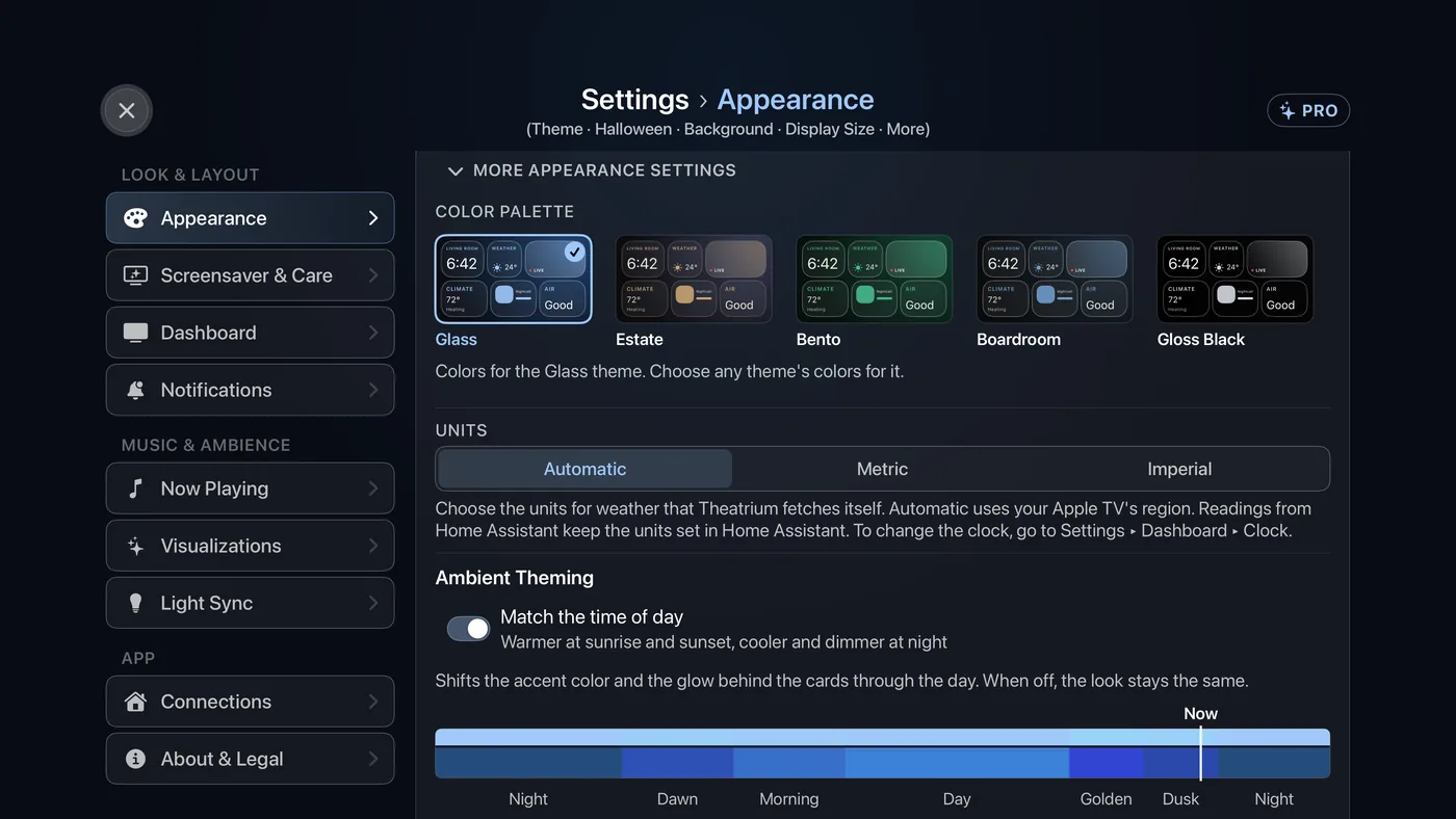 More appearance settings, open: Color Palette, Units and Ambient Theming.