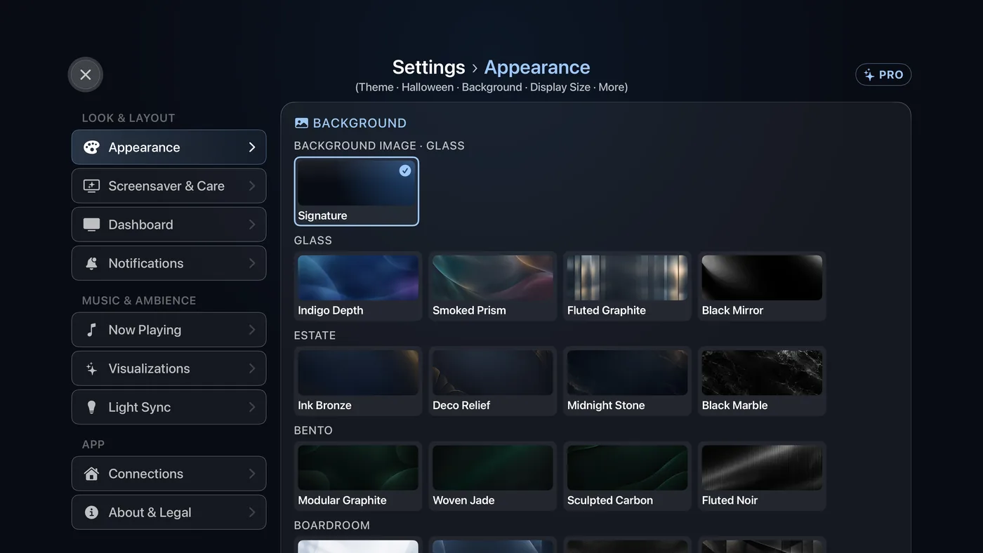The Background picker, grouped by theme. Signature is the plain default.