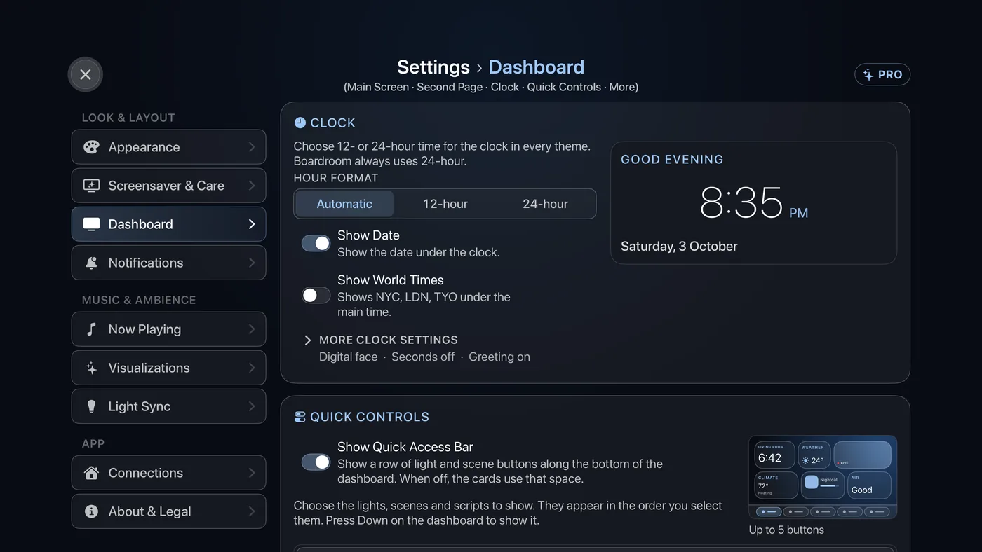 Settings › Dashboard › Clock, with a picture of the clock beside it, and the Quick Controls card below.