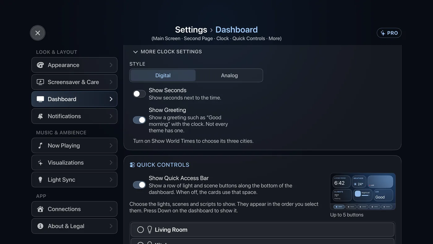 More clock settings, open: Style, Show Seconds and Show Greeting. With Show World Times on, the three cities are chosen here too.