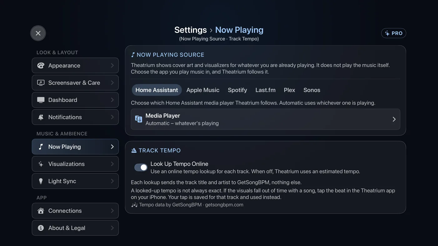 Settings › Now Playing, where you choose the source: Home Assistant, Apple Music, Spotify, Last.fm, Plex or Sonos.
