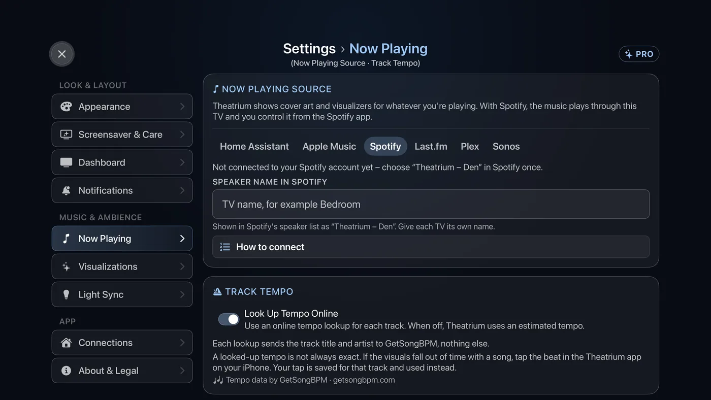 Settings › Now Playing with Spotify chosen: a status line, the Speaker name in Spotify field and a How to connect button.
