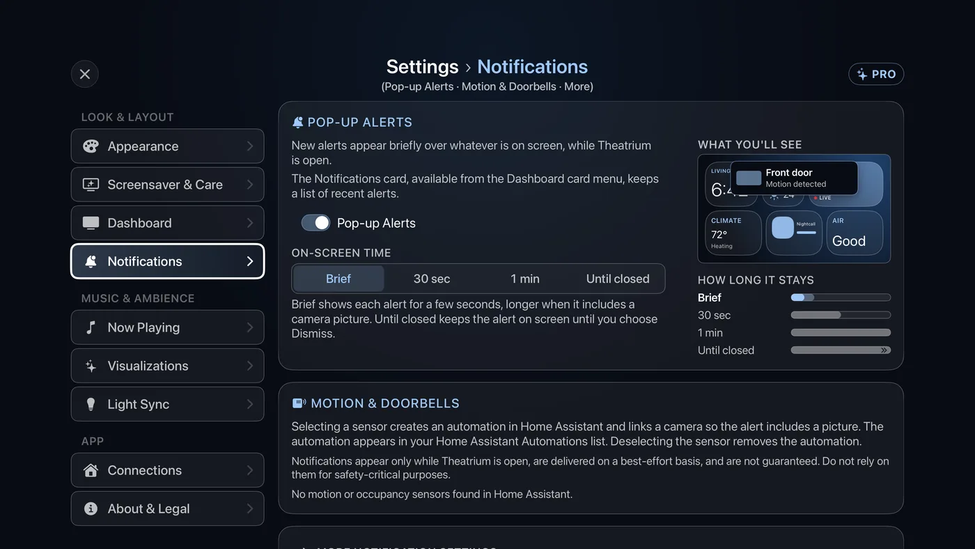 Settings › Notifications, showing Pop-up Alerts with On-Screen Time and the Motion & Doorbells card.