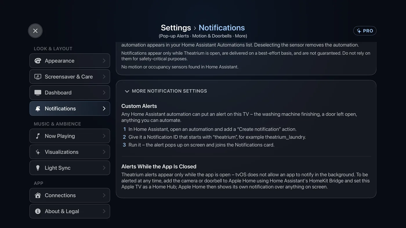 More notification settings open, showing Custom Alerts and Alerts While the App Is Closed.