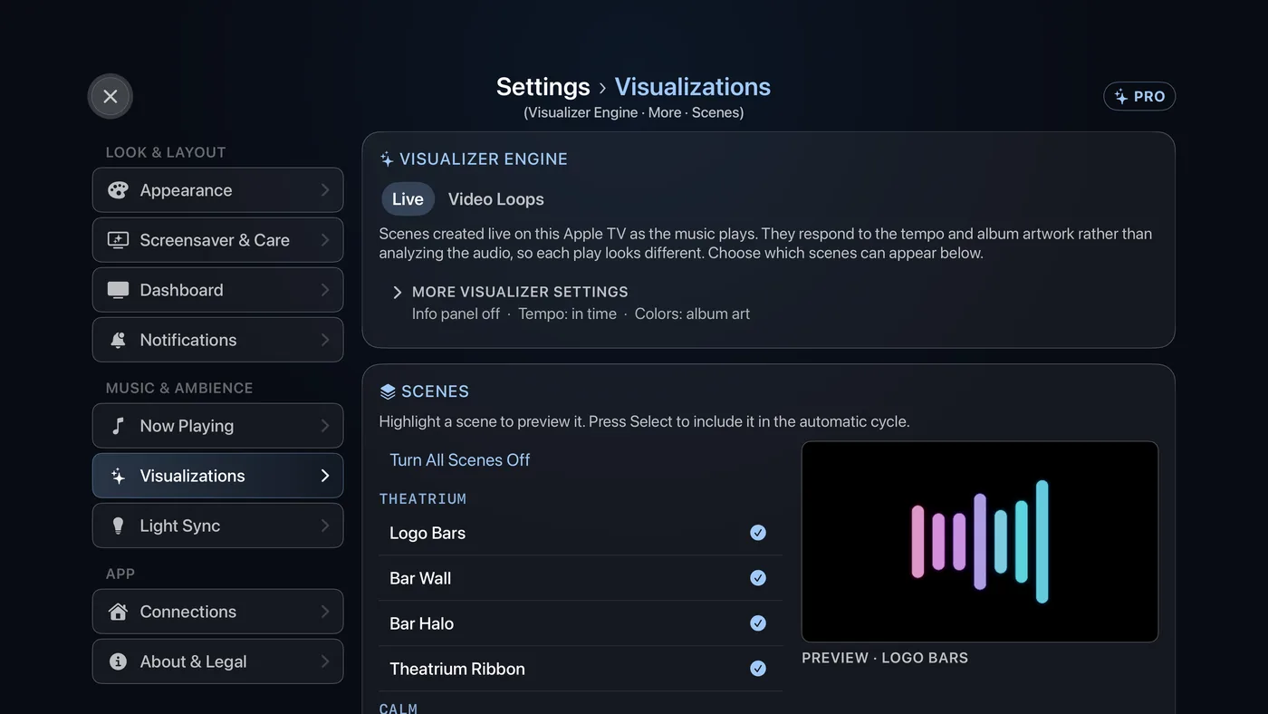 Settings › Visualizations: the Visualizer Engine card, then the Scenes list with a live preview beside it.