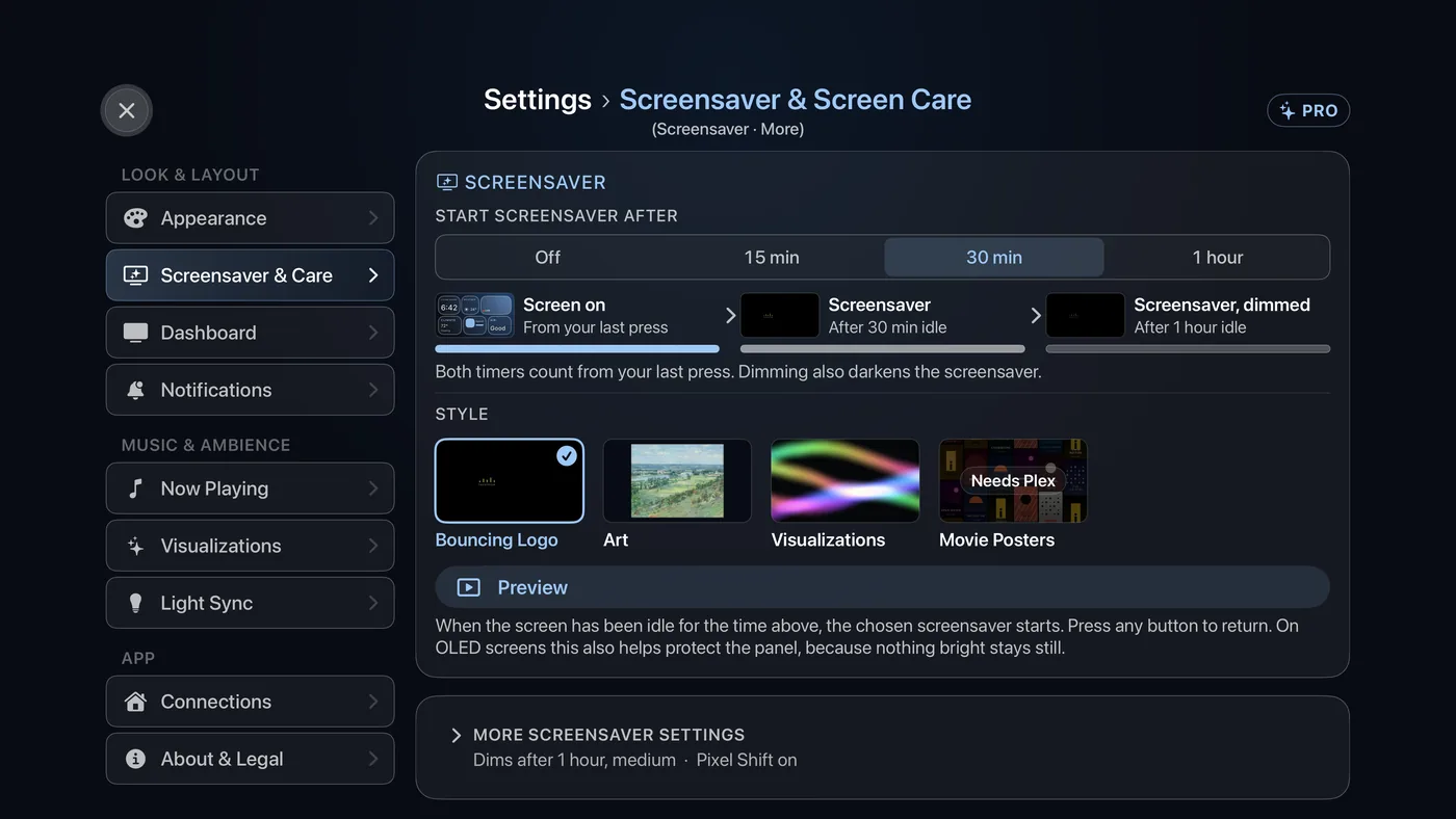 Settings › Screensaver & Care. The timeline shows what the screen does as the minutes pass; the style tiles are below it.