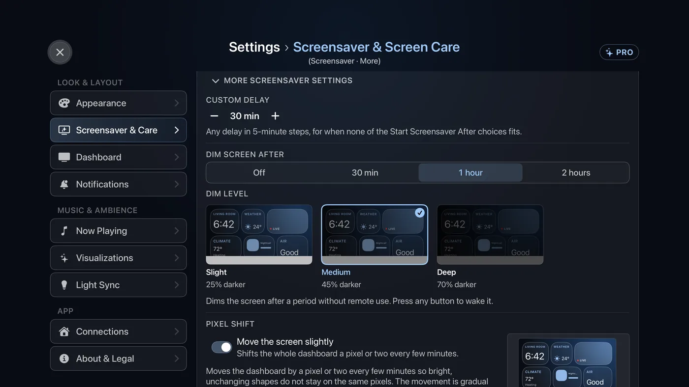 Settings › Screensaver & Care, with More screensaver settings open. Dim Screen After, Dim Level and Pixel Shift are in it.