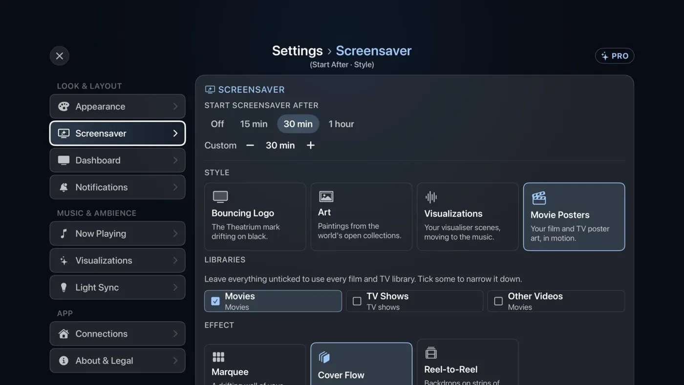 The Screensaver settings.