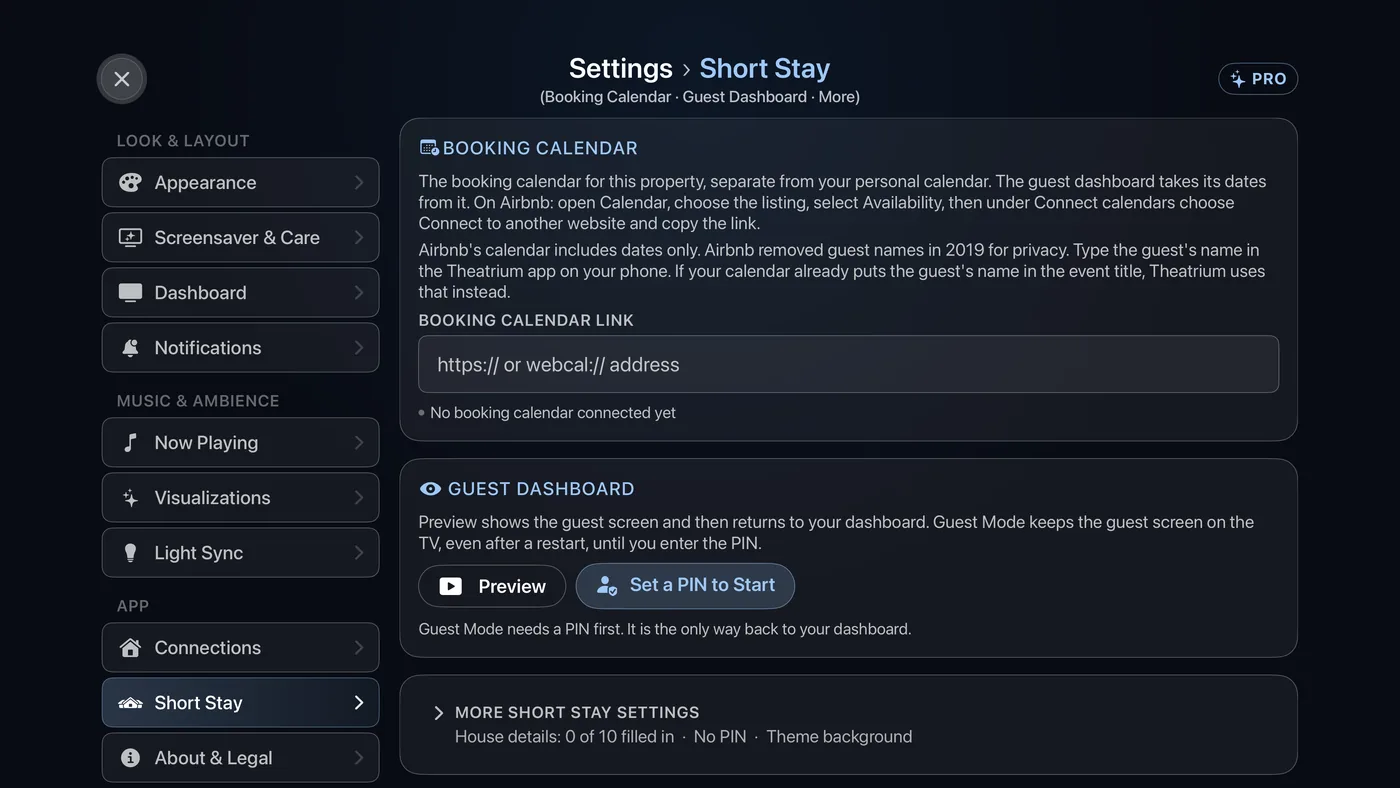 Settings › Short Stay, showing Booking Calendar, Guest Dashboard and the More Short Stay settings row.
