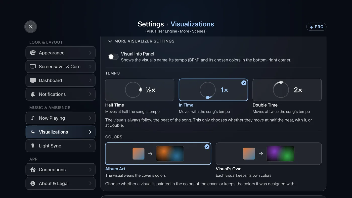 Settings › Visualizations with More visualizer settings open, showing the Tempo and Colors choices as pictures.
