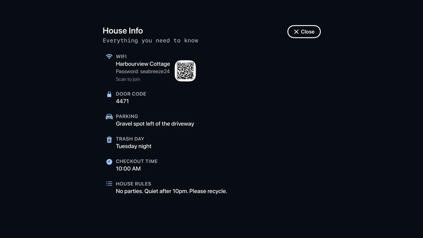 House Info. Wi-Fi with a scannable code, door code, parking, bin day and check-out time.