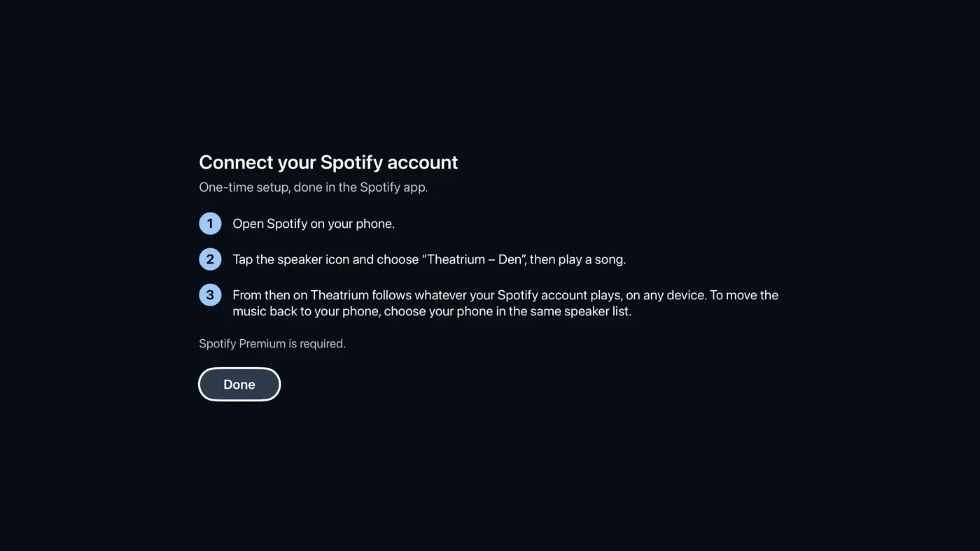 The first-time Spotify explainer: Connect your Spotify account, three numbered steps, and a note that Spotify Premium is required.
