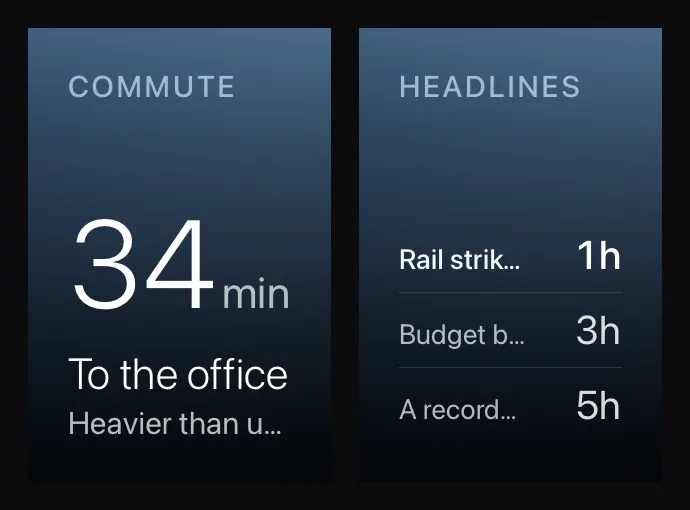 Two more tiles: the commute and the headlines.