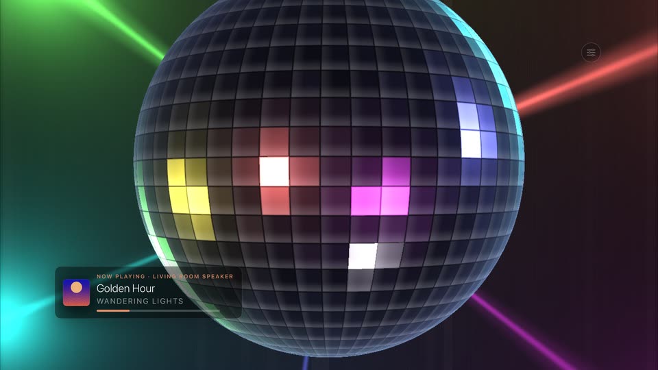Theatrium&rsquo;s Mirrorball visualizer scene on the Apple TV